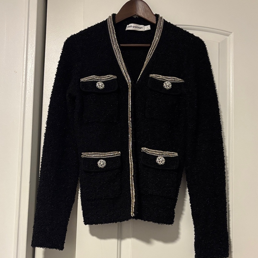 Self-Portrait Black Textured Blazer with Silver Accents